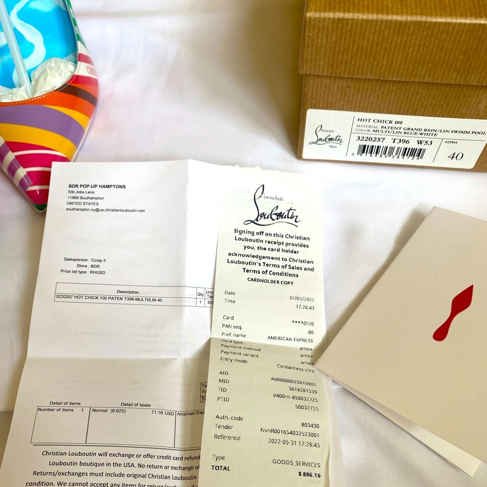 Christian Louboutin Hot Chick 100Patent Grand Bain Multi/Lin Blue-White Size 10